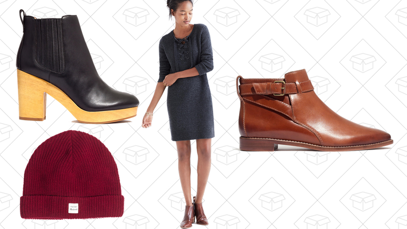 The Marco Chelsea Boot, $179 | Cozy Knit Beanie, $30 | Lace-Up Sweater-Dress, $96 | The Hollis Boot, $112